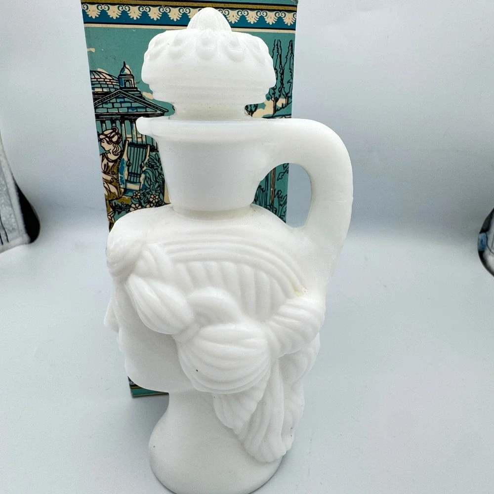 Vintage Avon Grecian Pitcher Skin So Soft Bath Oil White Milk Glass Decanter Box